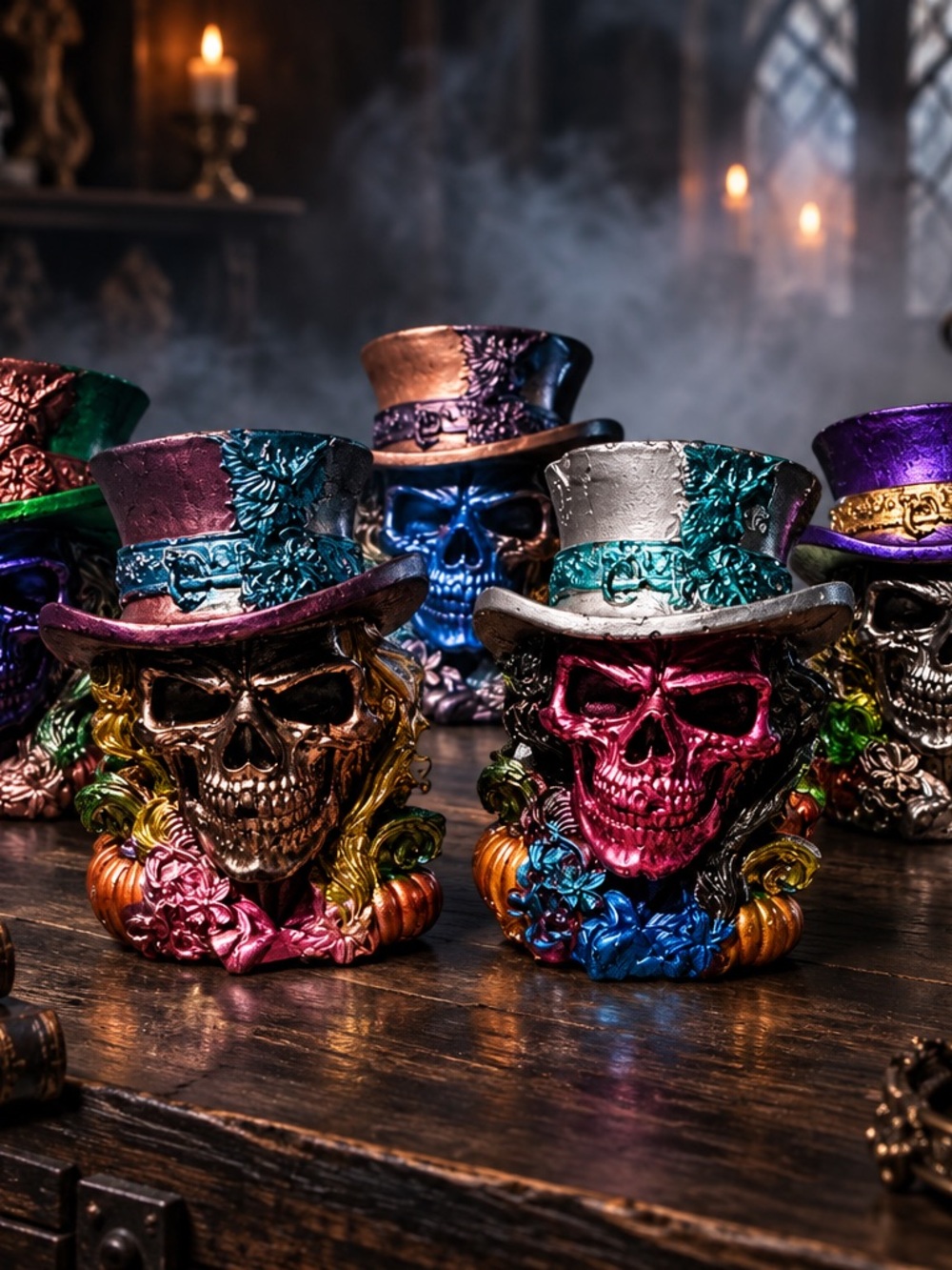 Decorative Metallic Skull Figurine with Top Hat - Multicolor